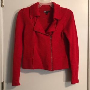 Bright red knit moto style sweater